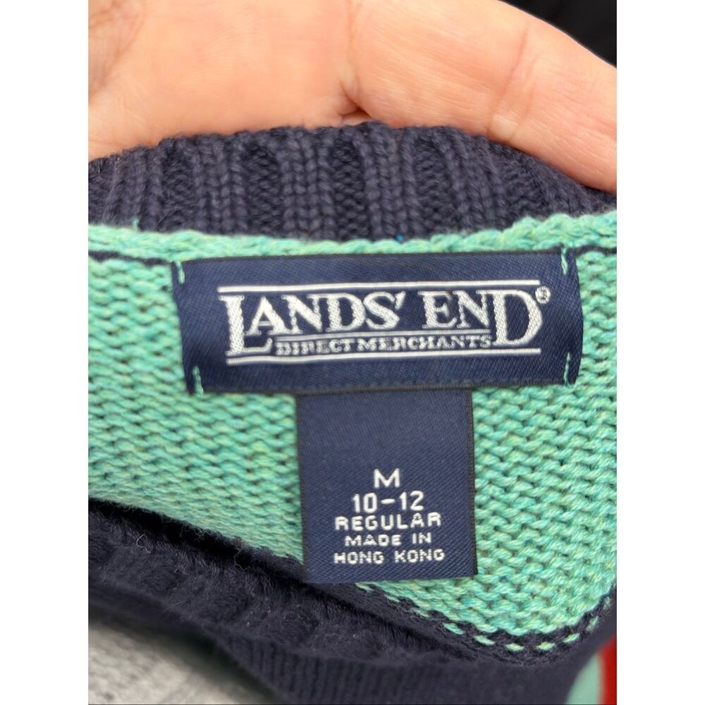 Lands End Classic Striped Crew Neck Sweater Women’s Size Medium Green and Navy B - Picture 6 of 11